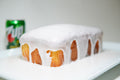 7Up pound cake loaf covered in white glaze